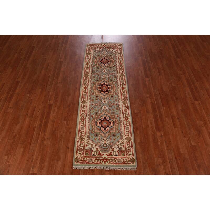 Hand Knotted Oriental 100% Wool Carpet Traditional Geometric Green Heriz (serapi) Runner Rug - 8' 0'' X 2' 6''