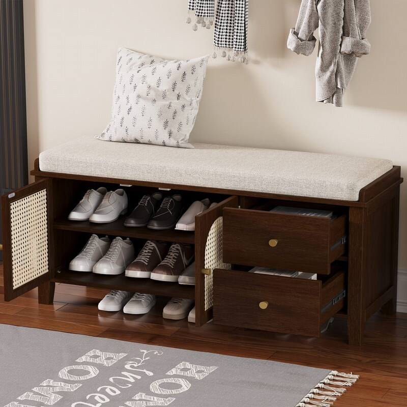 Retro Shoe Storage Bench with Drawers and Cushion for Entryway or Living Room Organization