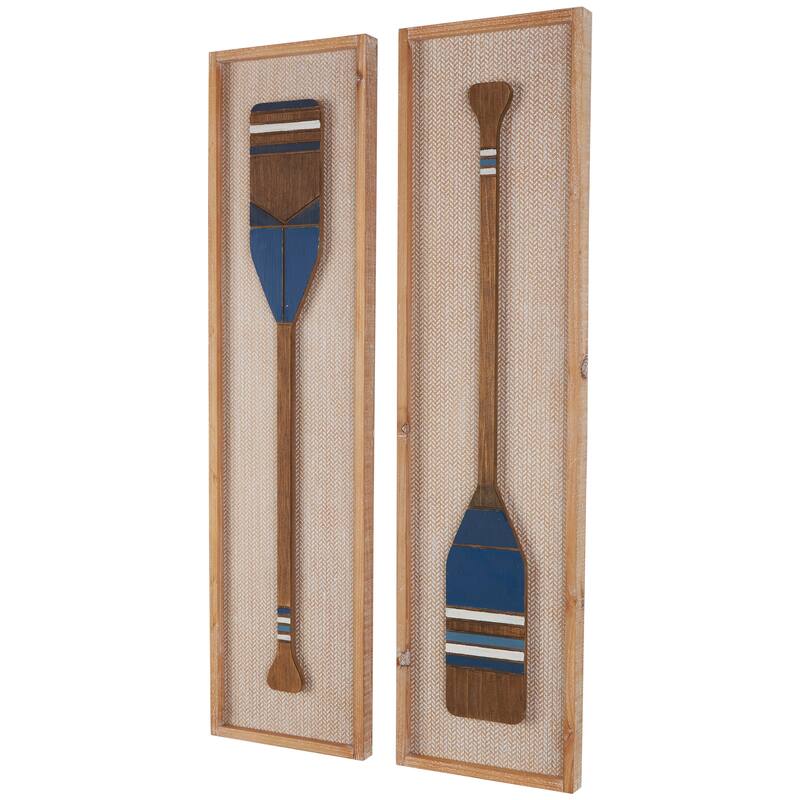 Brown Wood Paddle Home Wall Decor with Blue Accents and Chevron Patterned Background (Set of 2)