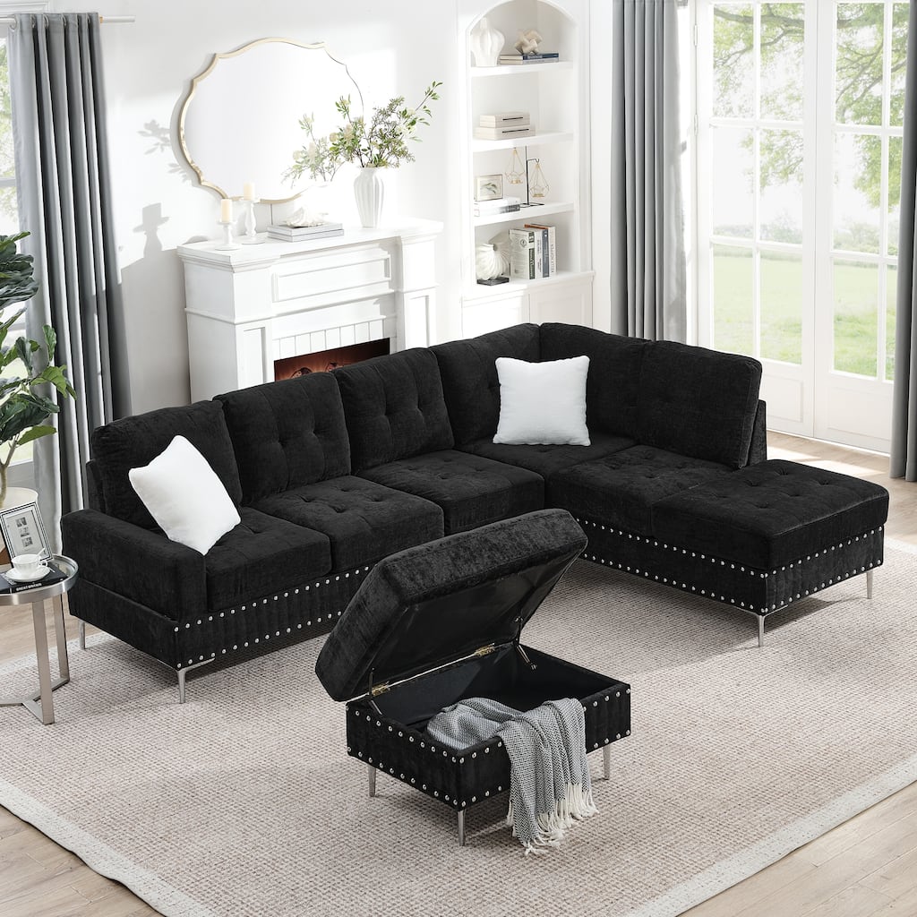 Chenille L-Shaped Sectional Sofa with Chaise & Storage Ottoman, Corner Sofa with 2 Pillows, Metal Legs & Copper Nails