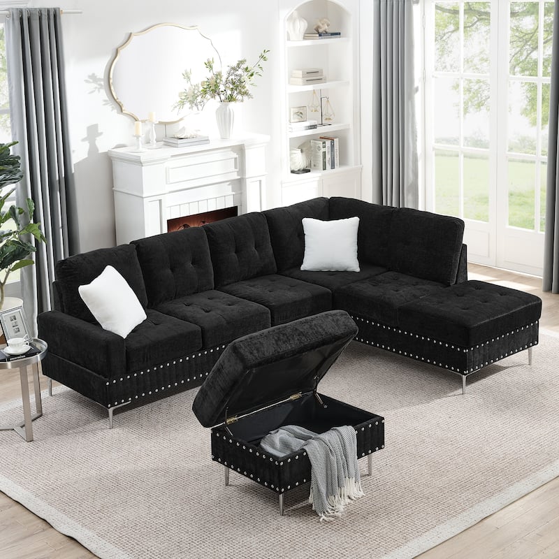 Chenille L-Shaped Sectional Sofa with Chaise & Storage Ottoman, Corner Sofa with 2 Pillows, Metal Legs & Copper Nails - Black