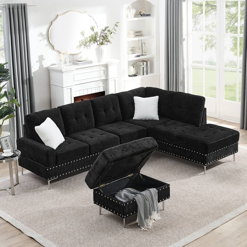 Roomfitters Sectional 3-Seater Sofa with Chaise, Storage Ottoman, Metal Legs, Nailhead Trim and Two Pillows