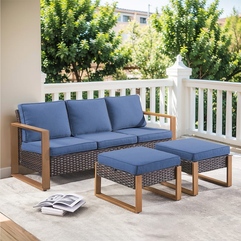 3 Pieces Patio Furniture Set Sectional Conversation Set - Brown - Blue - Brown
