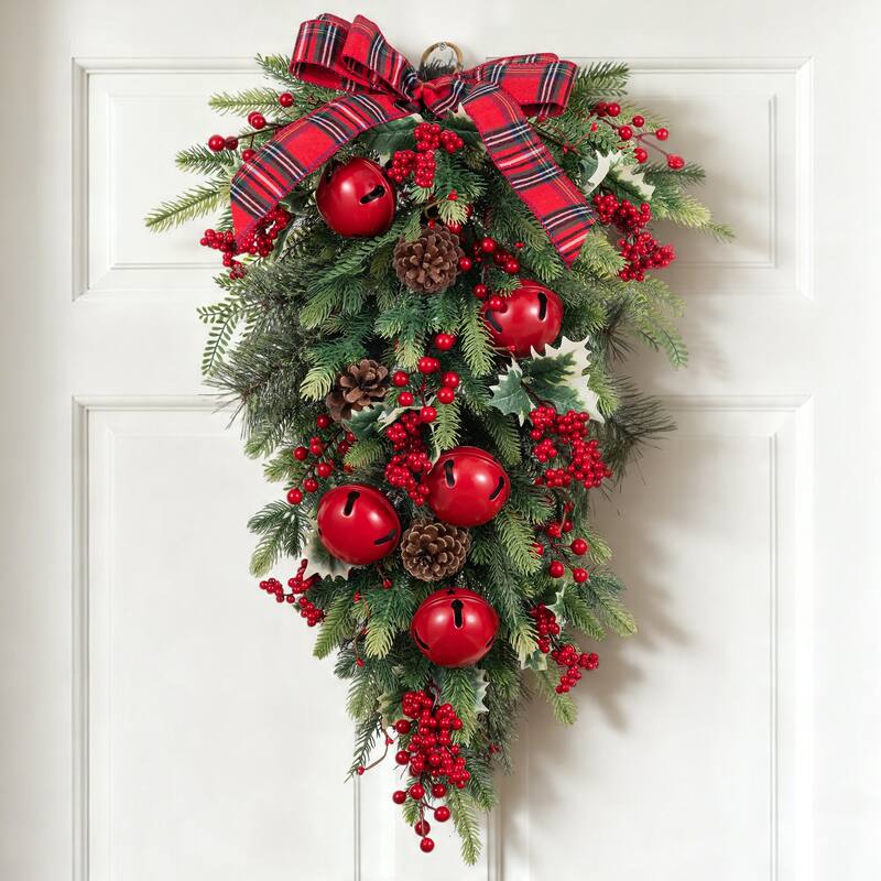 Glitzhome Christmas Berry Bow Pinecone Bell Holy Leaf Teardrop Swag Xmas Wreath