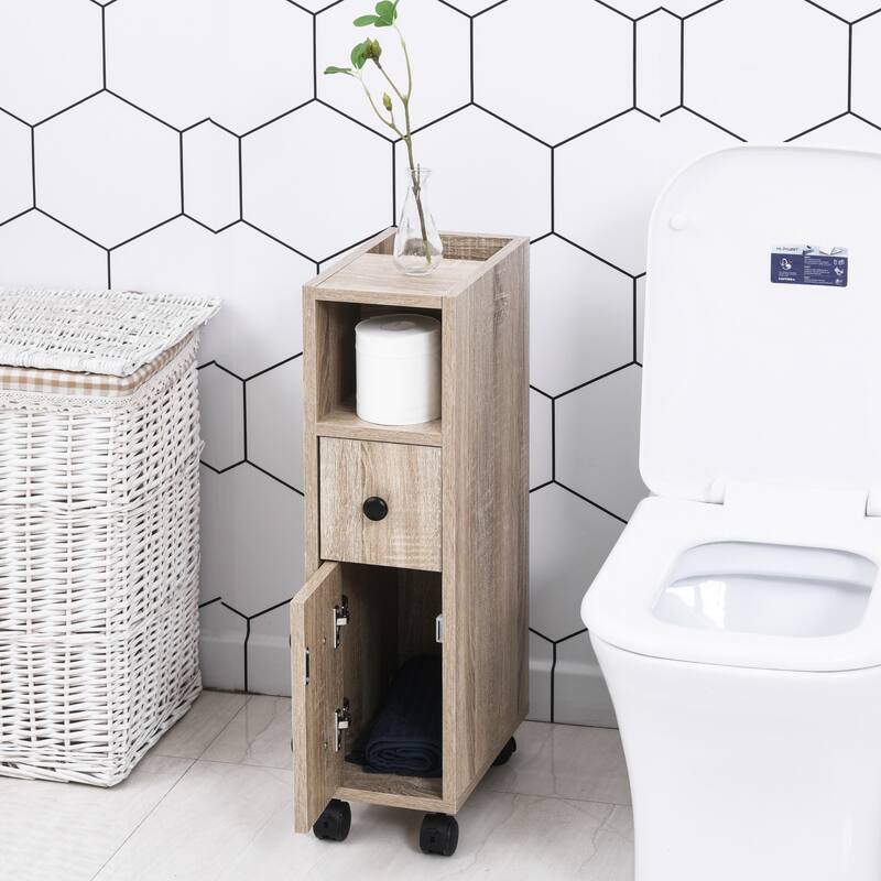 kleankin Freestanding Compact Design Bathroom Cabinet with 2 Open Cabinets, 1 Door Cabinet, 1 Drawer and 4 Rolling Wheels