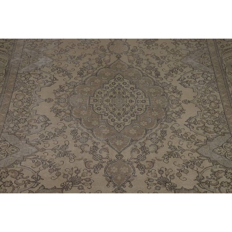 Traditional Tabriz Persian Vintage Rug Handmade Beige Wool Carpet - 9'7" x 12'1"