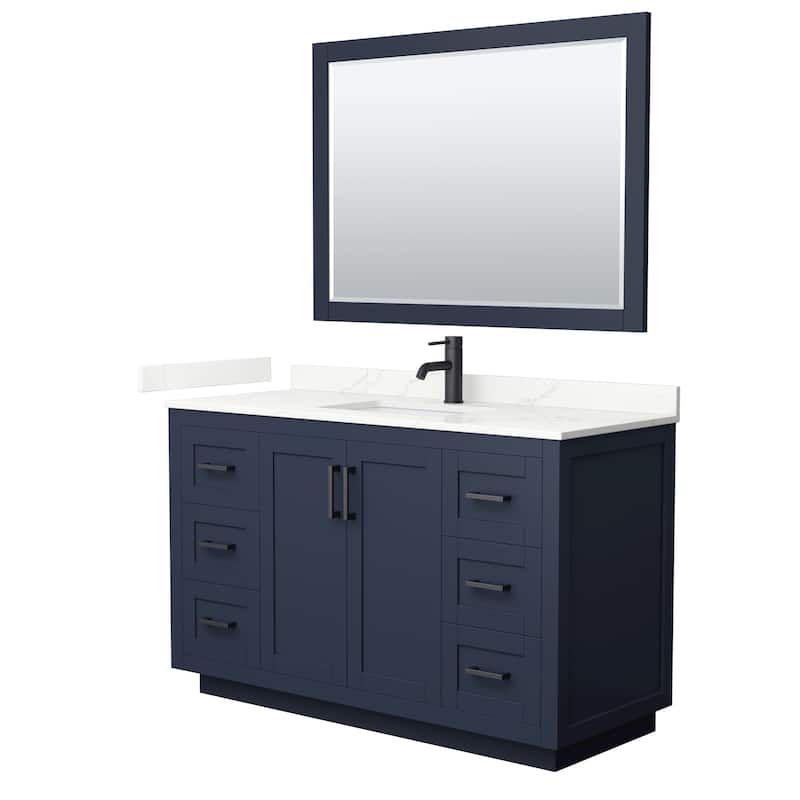 Miranda 54-inch Single Vanity, Quartz Top, 46-inch Mirror - Dark Blue, Black Trim, Giotto Quartz Top