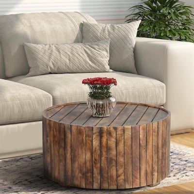 34 Inch Handmade Wooden Round Coffee Table with Plank Design, Burned Brown - 16.5 H x 34 W x 34 L Inches