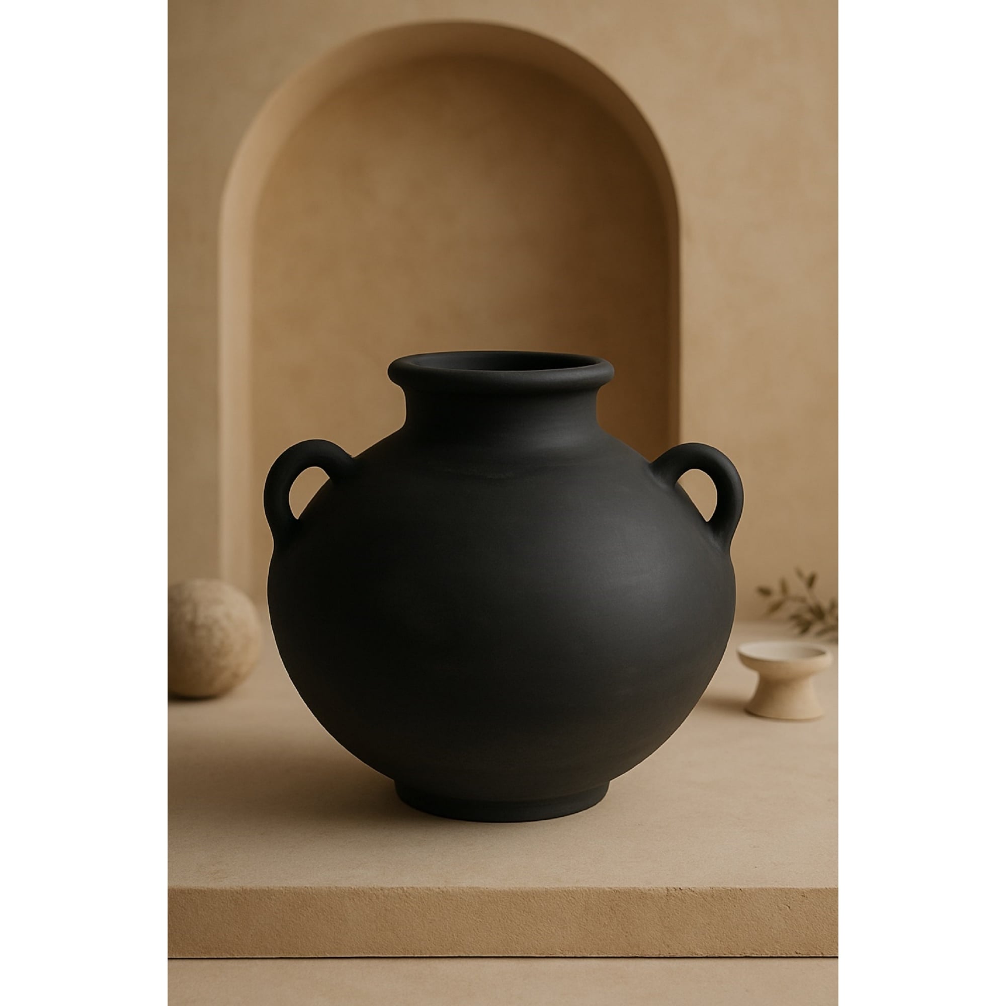Handcrafted Terracotta Decorative Vase with Handles - 14.25" - Black