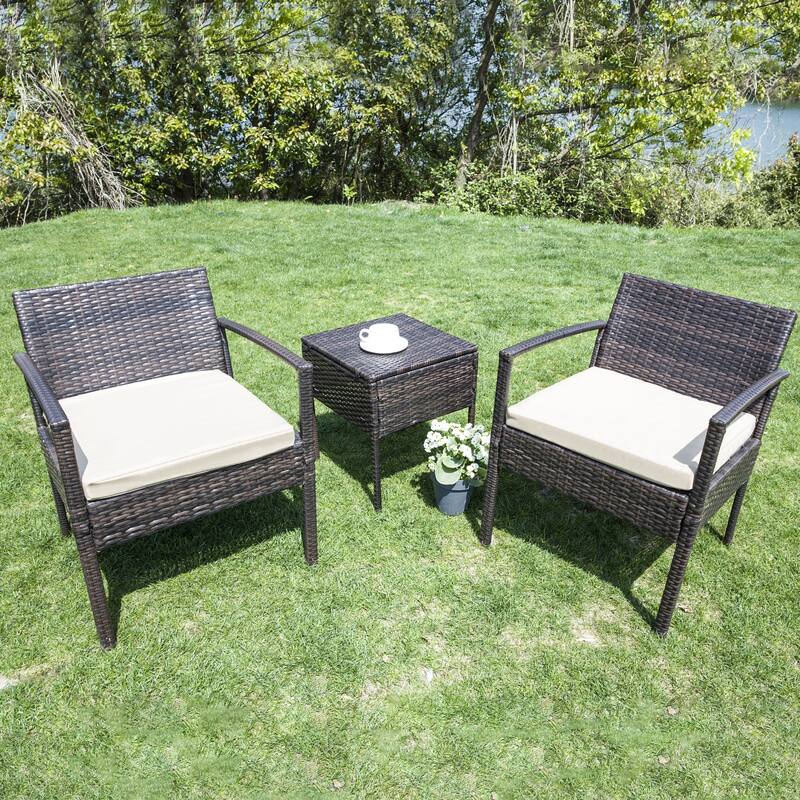 Outdoor Wicker Chat Set, Cushioned chairs & Coffee Table