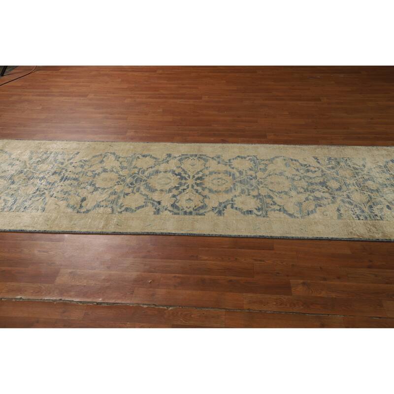 Blue Oushak Turkish Runner Rug Handmade Vegetable Dye Wool Carpet - 3'0"x 10'0"