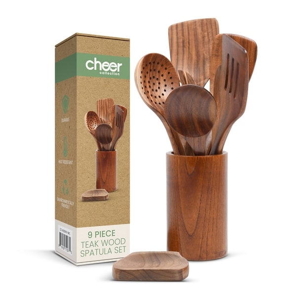 slide 2 of 8, Cheer Collection 9 Piece Wooden Utensil Set with Holder and Spoon Rest Brown