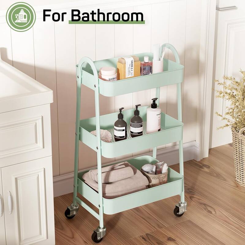 3 Tier Utility Rolling Cart, Metal Storage Cart, Storage Organizer Trolley for Kitchen, Living Room, Office, Garage