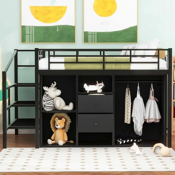 slide 2 of 10, Black Metal Loft Bed with Drawers, Storage Staircase and Small Wardrobe for Kids, Boys and Girls, Bedroom Full - Black