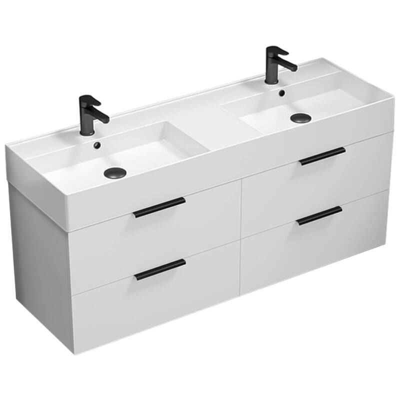 Nameeks Derin-5618-W-2 Derin 54" Wall Mounted Double Basin Vanity Set - Glossy White - Glossy