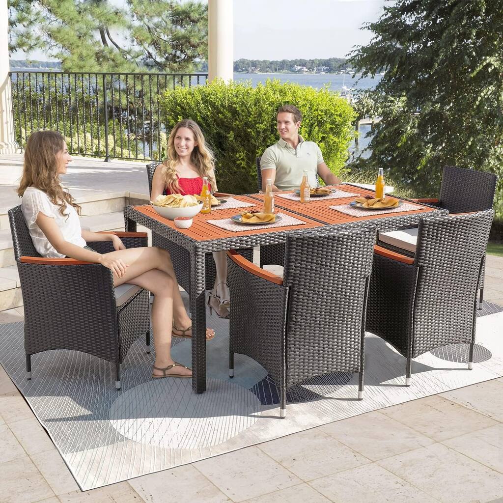 7 Pieces Patio Dining Set, Wicker Outdoor Dining Patio Furniture Set with Acacia Wood Table for Garden and Yard