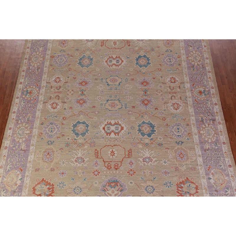 Hand Knotted Oriental 100% Wool Carpet Transitional All-Over Brown Oushak Area Rug - 14' 2'' X 9' 10''
