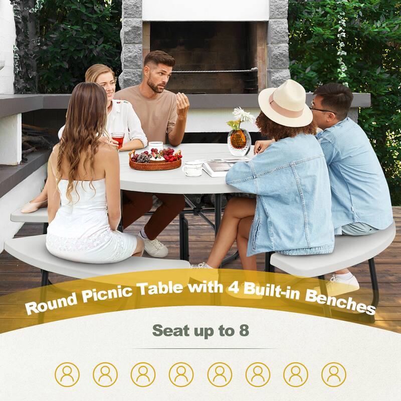 Costway Outdoor 8-person Round Picnic Table Bench Set with 4 Benches & - See Details