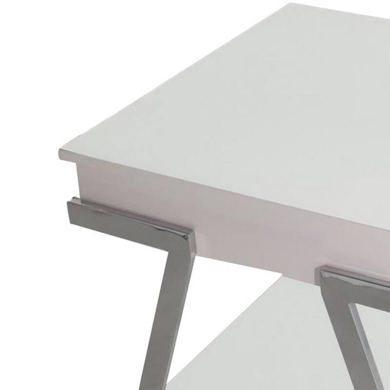 Casey 26 Inch End Table, Chrome Angled Metal Frame, Square Glossy White Top