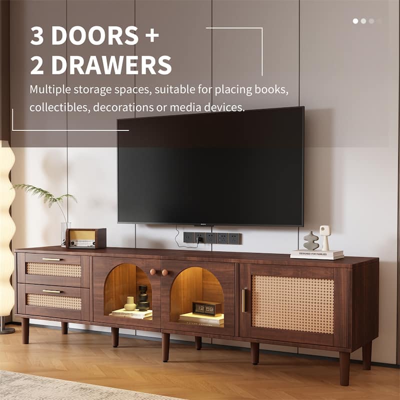 Rattan TV Stand w/Cabinets&Shelves,Rattan-inspired Media Console Table