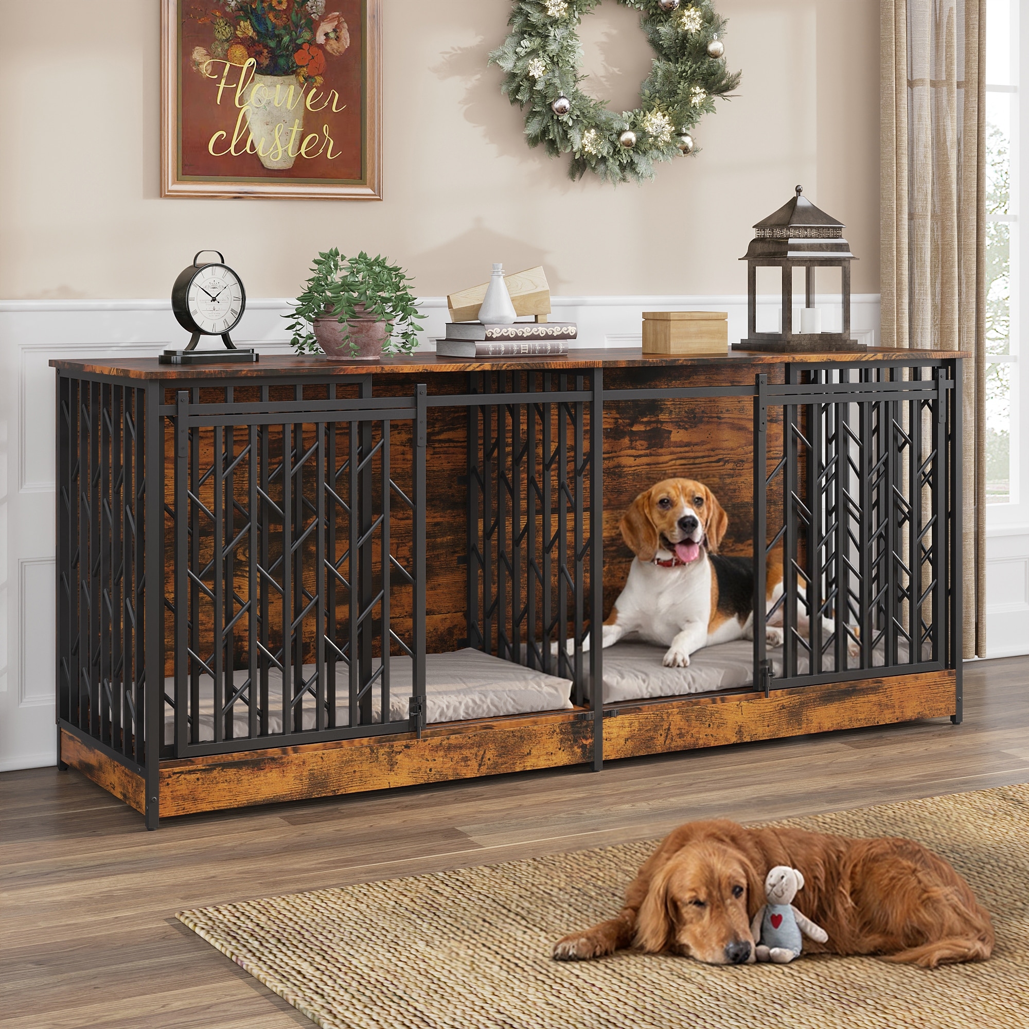Large Double Dog Crate Furniture for Medium and Large Dogs, Rustic Industrial Dog Kennel End Table