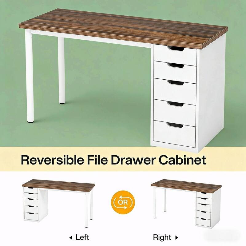 47" Home Office Writing Desk with 5 Drawers, Engineered Wood Top and White Metal Legs