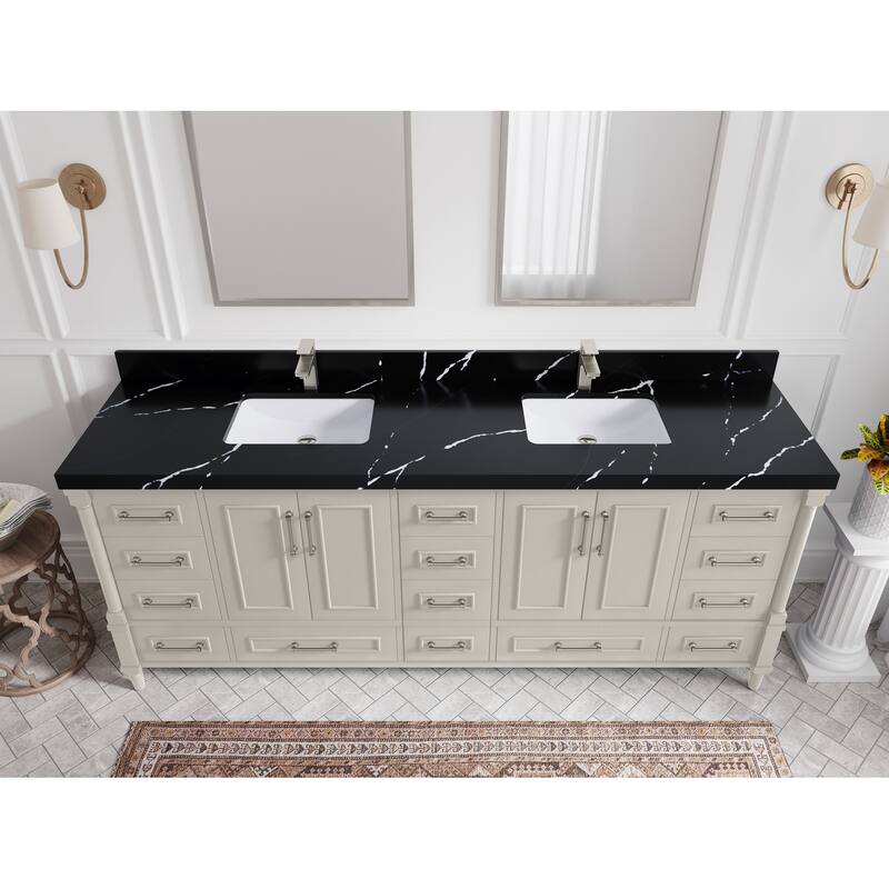 Willow Collections 84 in. W x 22 in. D Aberdeen Double Bowl Sink Bathroom Vanity with Countertop - 2" Calacatta Black - Fine Grain