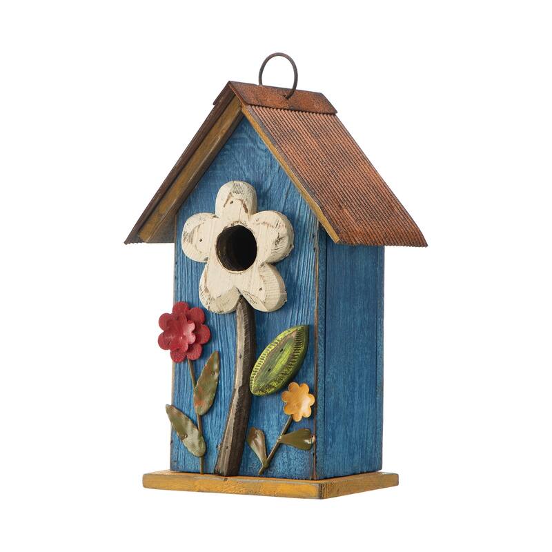 Glitzhome 10"H Multicolor Cute Distressed Solid Wood Birdhouse with 3D Flowers - White/Blue