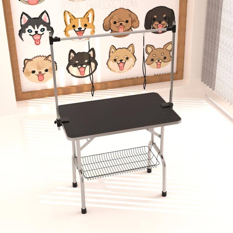 Heavy-Duty Portable Dog Grooming Table with Adjustable Arm, Noose, and Mesh Tray