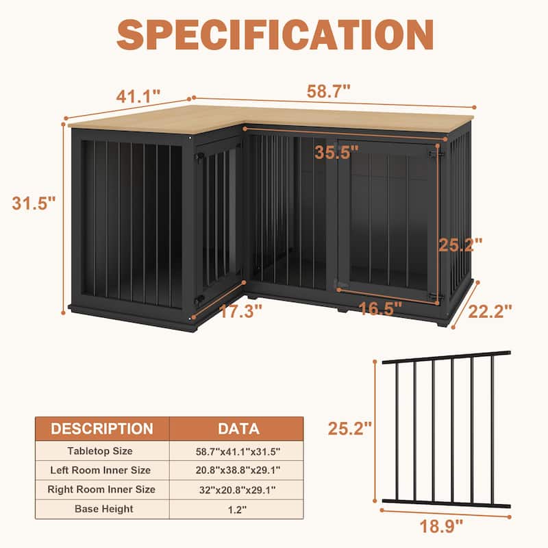 Corner Dog Crate Furniture for 2 Dogs with Double Rooms & Divider