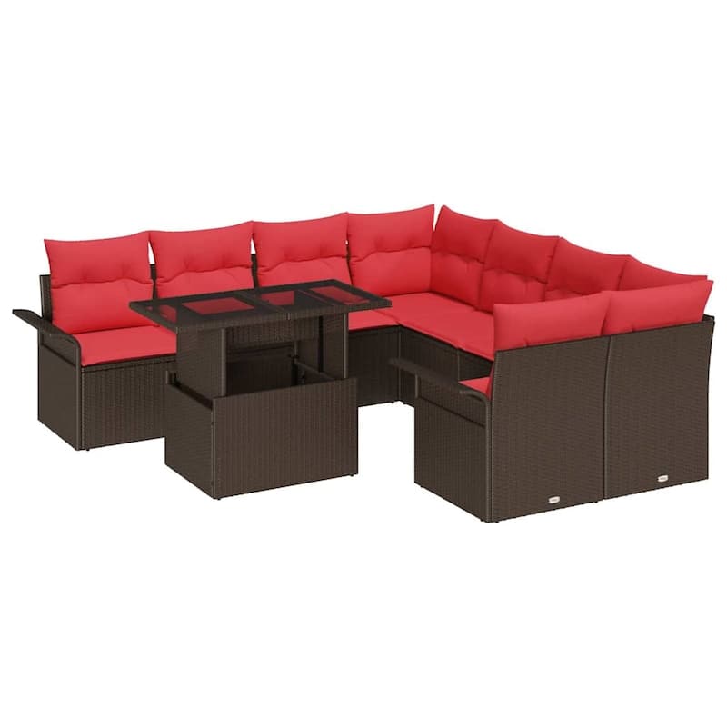 vidaXL 9 Garden Sofa Set with Cushions Black/Brown/Grey Poly Rattan - 95.5 x 92.1 x 27.2