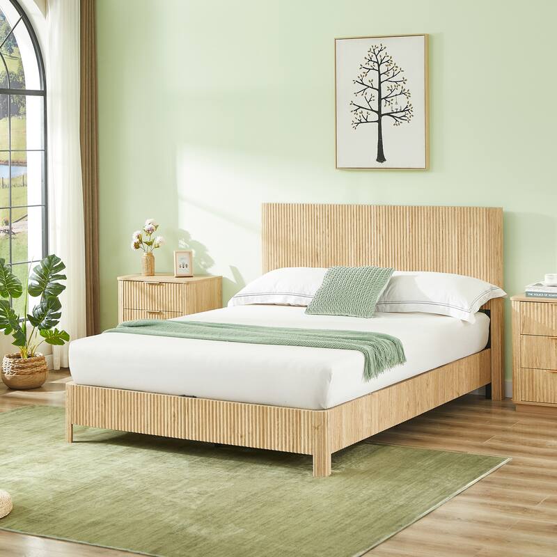 Wooden Corrugated Bed Frame Contemporary Rustic Platform Bed with 44.5" High Headboard/Metal Tubes Support/No Box Spring Needed - Oak - Queen