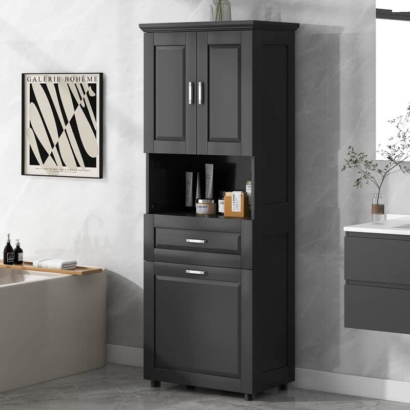 Tall Bathroom Cabinet with Tilt-Out Laundry Basket and Upper Storage Cabinet