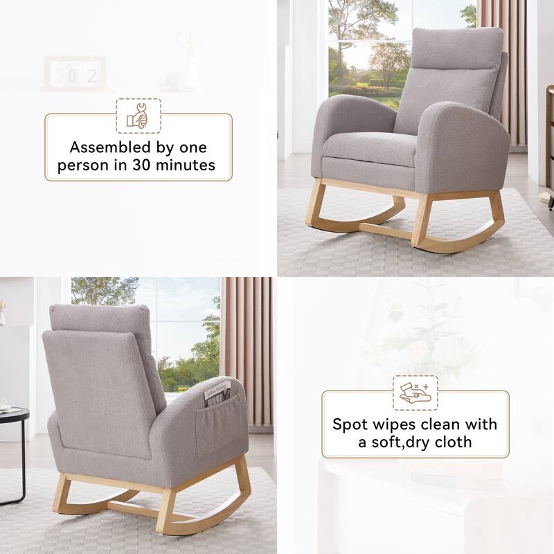 Rocking Chair Nursery, Modern Upholstered Glider Rocker with Side Pocket, High Backrest Accent Armchair for Living Room
