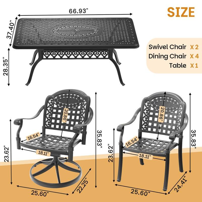7-Piece Outdoor Dining Set with 1 Table and 6 Chairs, All-Weather Aluminum Outdoor Patio Sets
