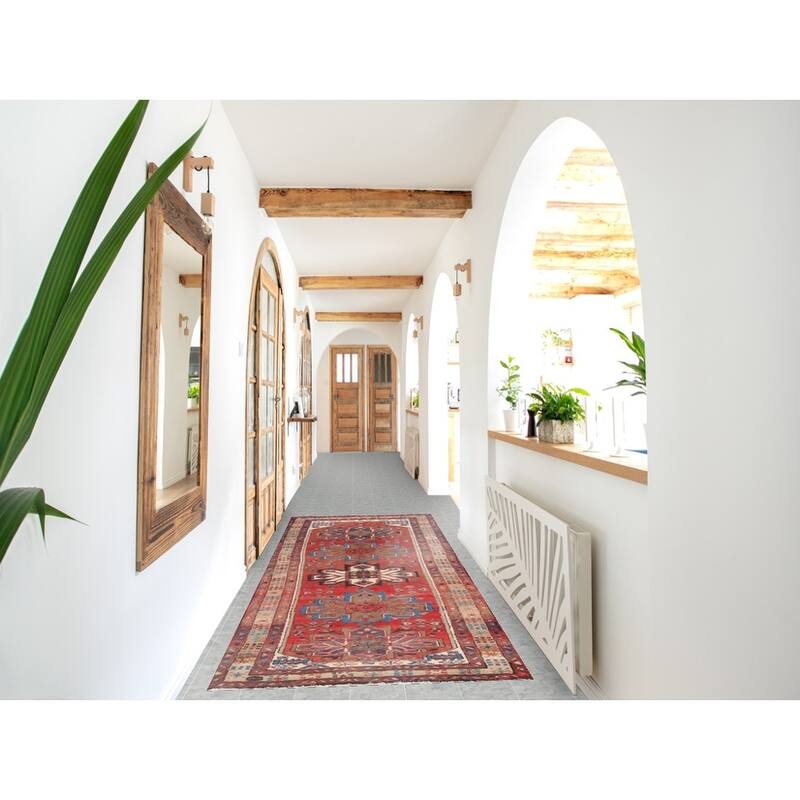 Hand Knotted Oriental 100% Wool Carpet Traditional Geometric Red Heriz Runner Rug - 9' 7'' X 3' 2''