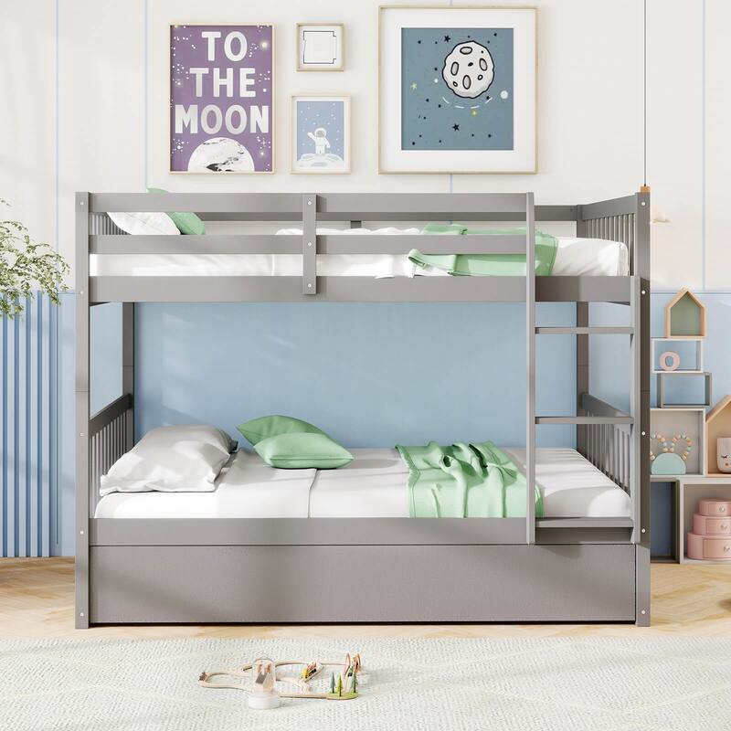 Costway Full over Full Bunk Bed Platform Wood Bed with Trundle &