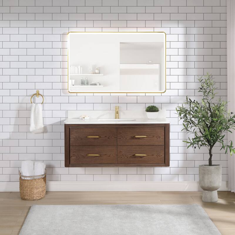 Cristo Floating Bath Vanity with White Quartz Stone Top and Mirror