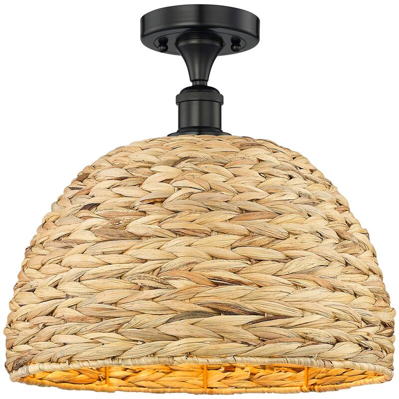 Innovations Lighting 616-1F-14-16 Woven Rattan Semi-Flush Woven Rattan - Matte Black / Natural