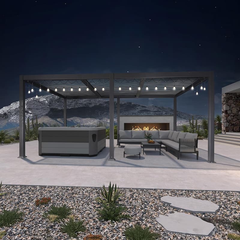 PURPLE LEAF Outdoor Louvered Pergola with Adjustable Metal Roof for Patio Pergola - 11.4' x 17.5' - Grey(String Light )