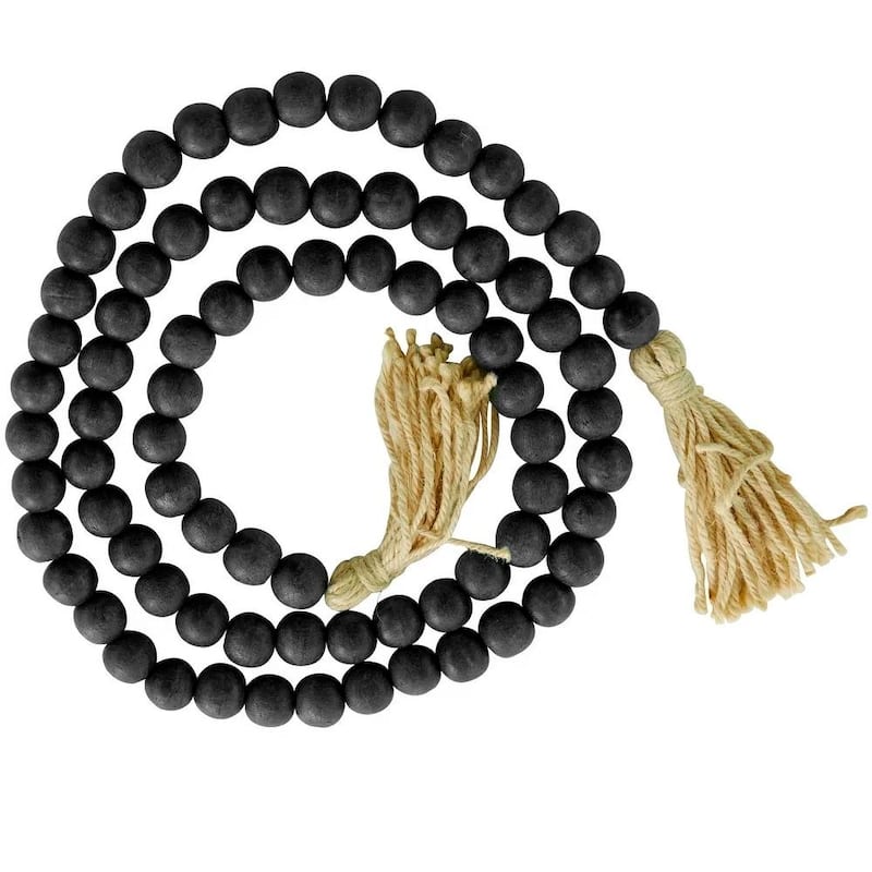 Bohemian Natural Wood Bead Garland with Cotton Tassels - 80 x 1 - Black - Round
