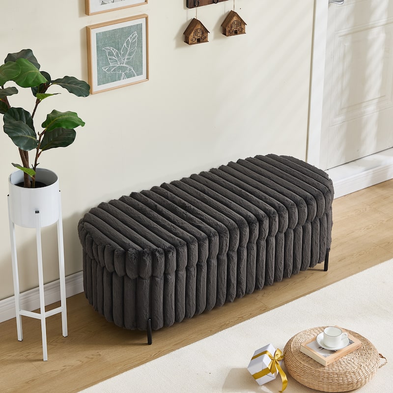 Faux Fur Upholstered End of Bed Bench, Large Flip Top Storage Bench, Curved Ottoman Bench with Adjustable Metal Legs