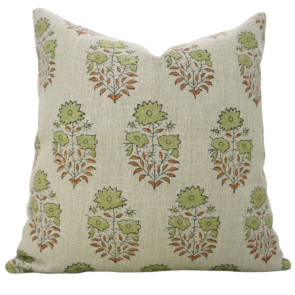 Fabdivine Handmade Floral Throw Decorative Pillow Cover Thick Linen for Living Room Green Block Print Cushioncase, Mayra
