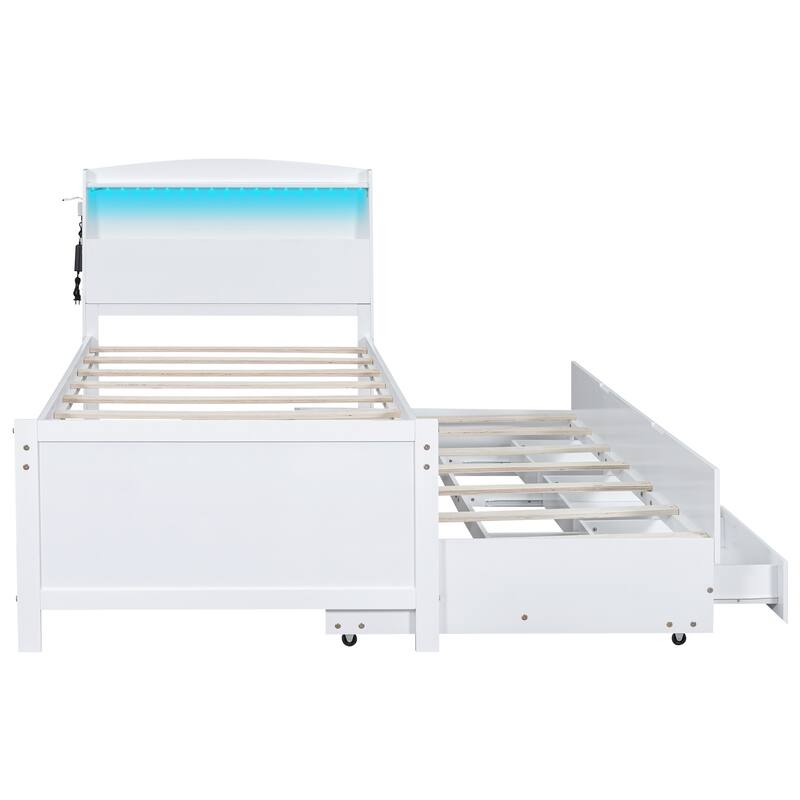 Twin Size Platform Bed with LED Headboard, Twin Trundle, and 3 Drawers