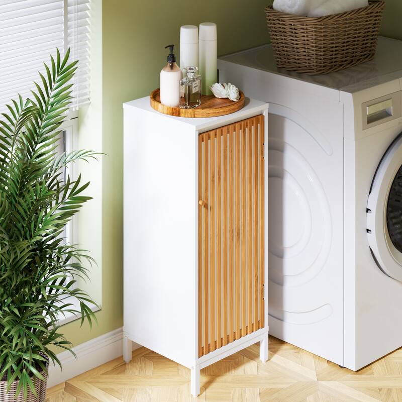 Living Room Side Cabinet with Bamboo Slats Door - Natural/White