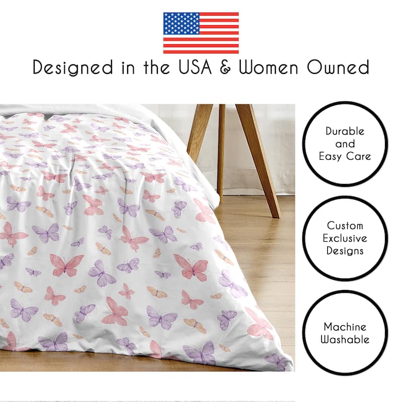 Sweet Jojo Designs Pink/Purple Shabby Chic Butterfly Girl 4pc Twin-size Comforter Set - Colorful Butterflies Pastel Watercolor