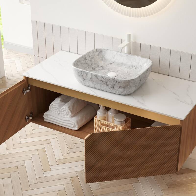 Wall-mounted Bathroom Vanity with Rectangular Vessel Basin