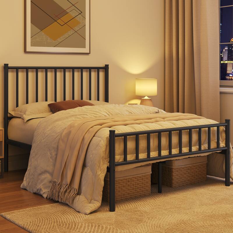 Yaheetech Minimalist Metal Platform Bed Frame with Spindle Headboard and Footboard - Black - Full