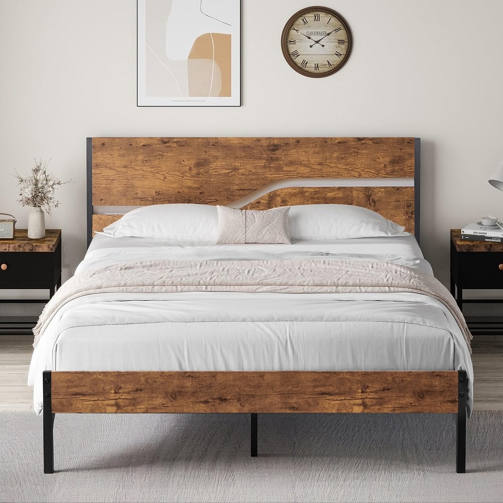 VECELO Beds Industrial Platform Bed Frame MDF Headboard with Curved Cutout Stable No Box Spring Bed Frame