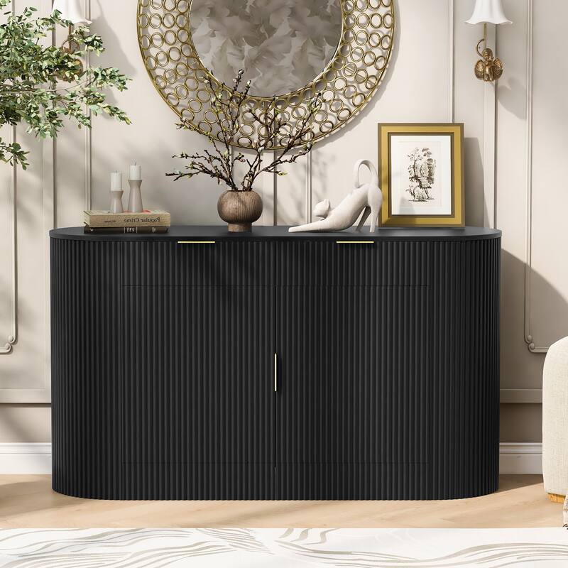 Buffet Cabinet with Side Door & 3-Tier Shelves, Storage Cabinet with 2 Doors & 2 Drawers, Freestanding Stripe Accent Cabinet - Black